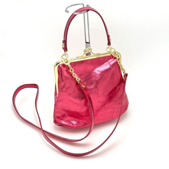 HOBO Alba Crossbody Purse Strawberry Fields Metallic Pink Leather Gold Kiss Lock - Picture 2 of 10